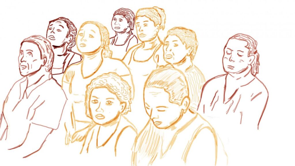 Ilustración de siluetas de mujeres en una reunión o audiencia
