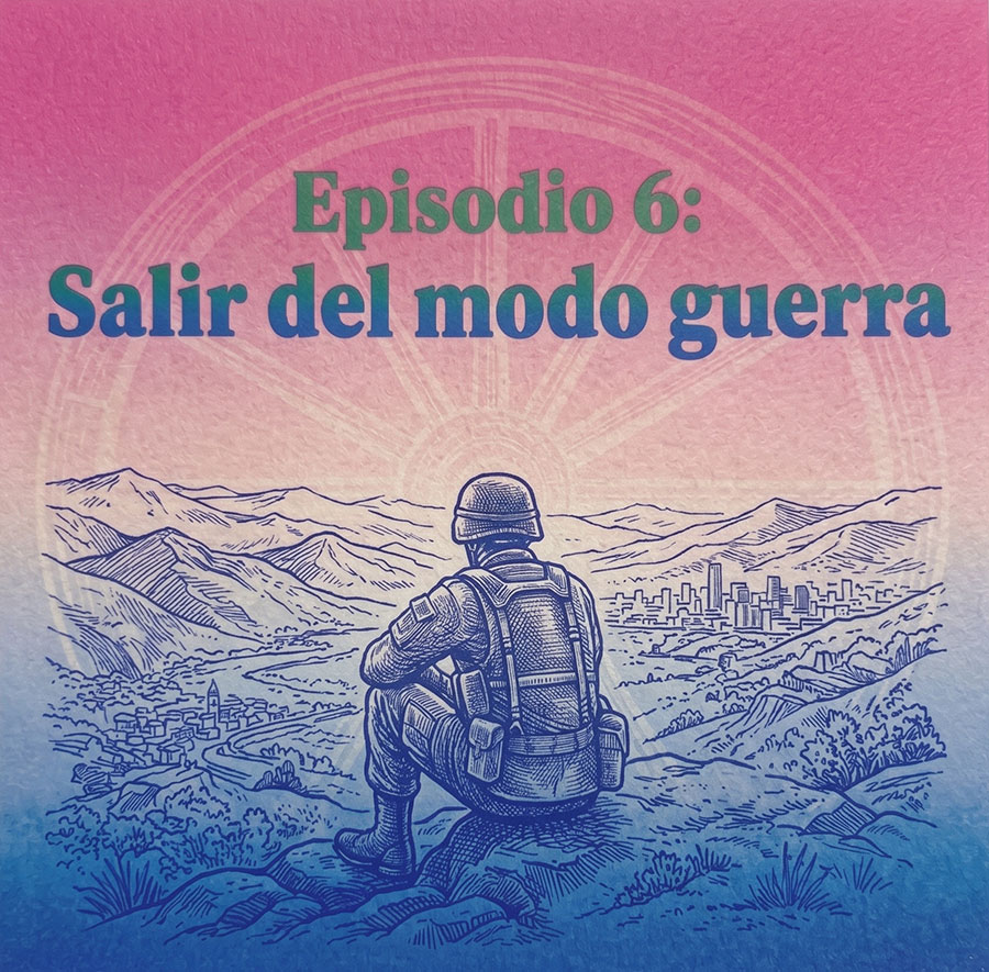 Ilustración de un soldado mirando la ciudad en Colombia