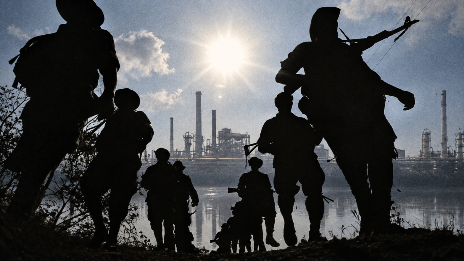 Montaje de una foto sobre paramilitares con la refineria de barrancabermeja detrás