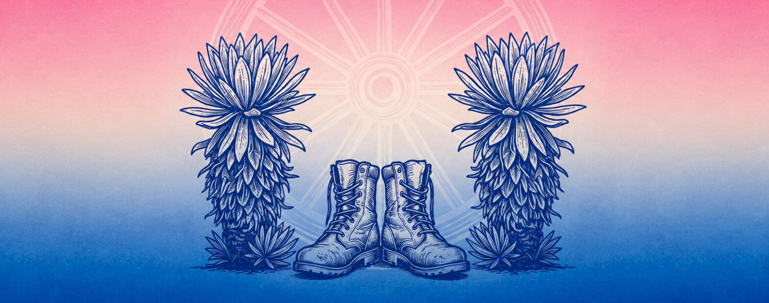 Ilustración para el episodio 1 de romper la rueda. Unas botas militares entre frailejones con fondo rosado y azul