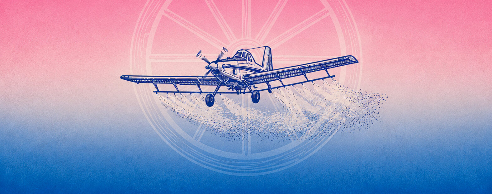Ilustración para el episodio dos de un avión asperjando glifosato para erradicar coca en un fondo roza y azul