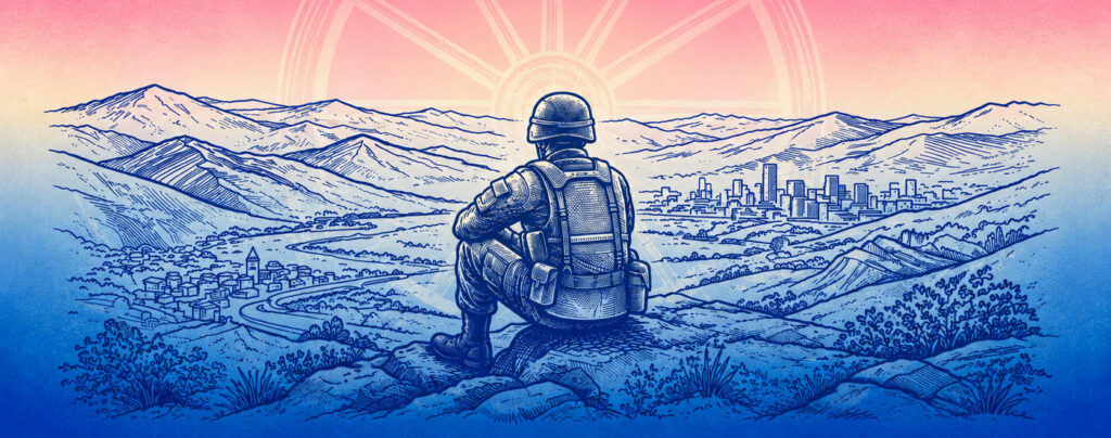 Ilustración de un soldado mirando la ciudad en Colombia
