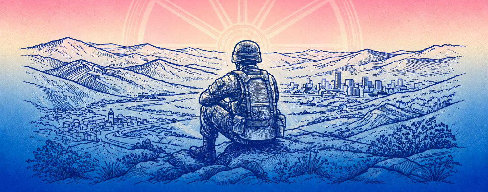 Ilustración de un soldado mirando la ciudad en Colombia