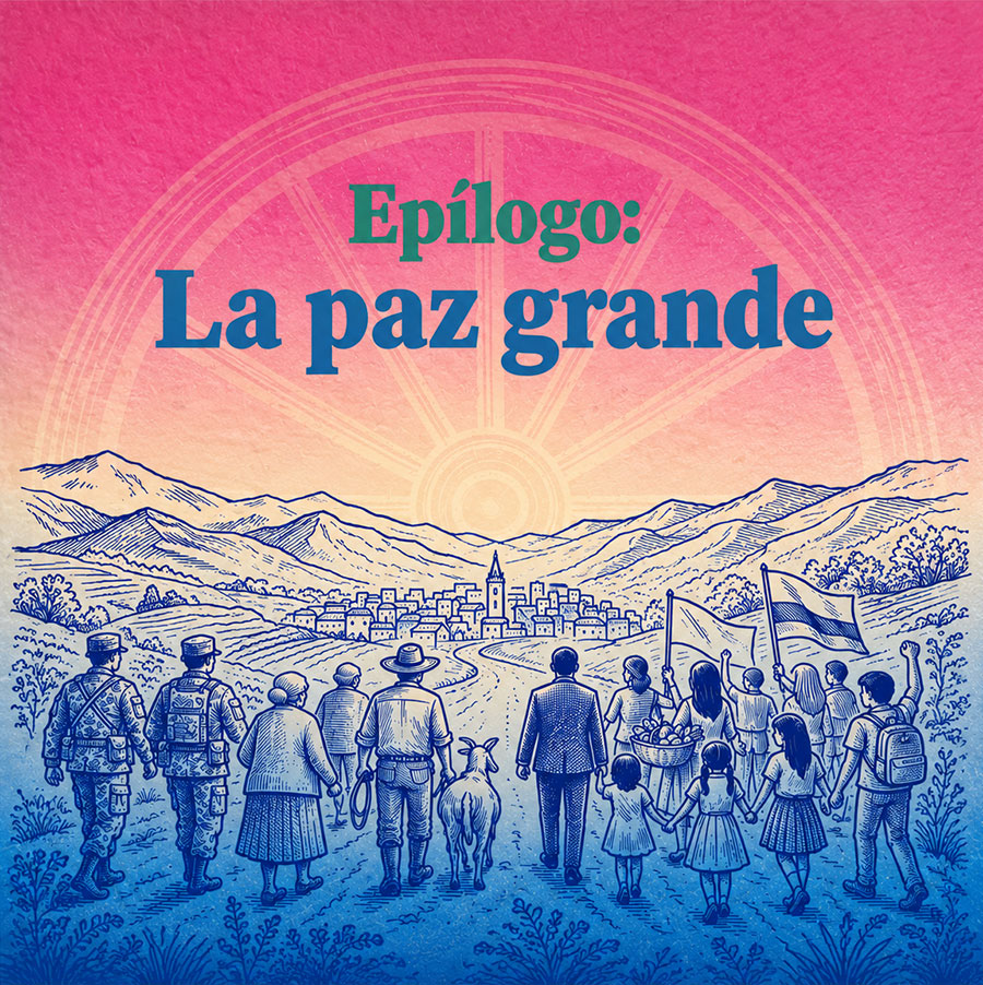 Ilustración de personas marchando hacia un horizonte de paz
