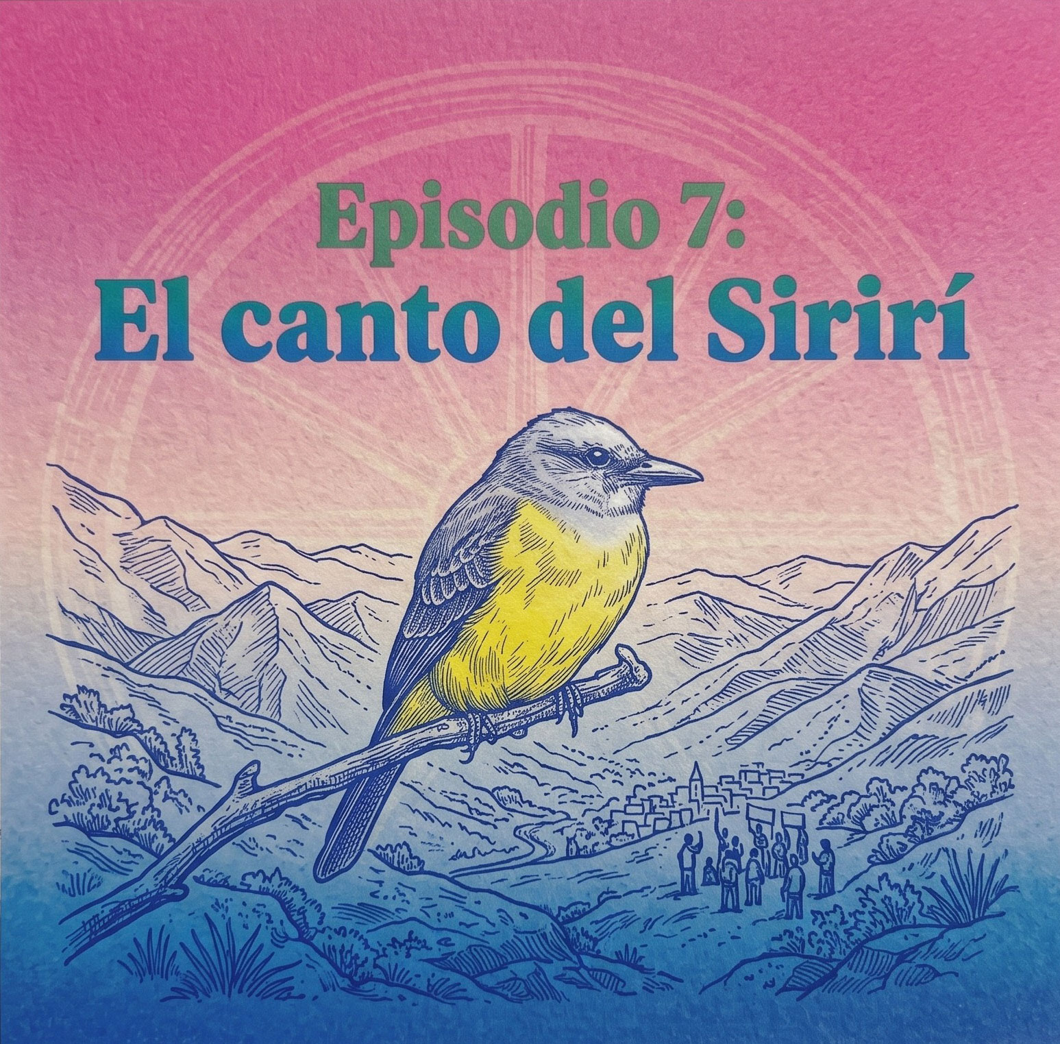 En la ilustración un pájaro Sirirí con las montañas colombianas atrás