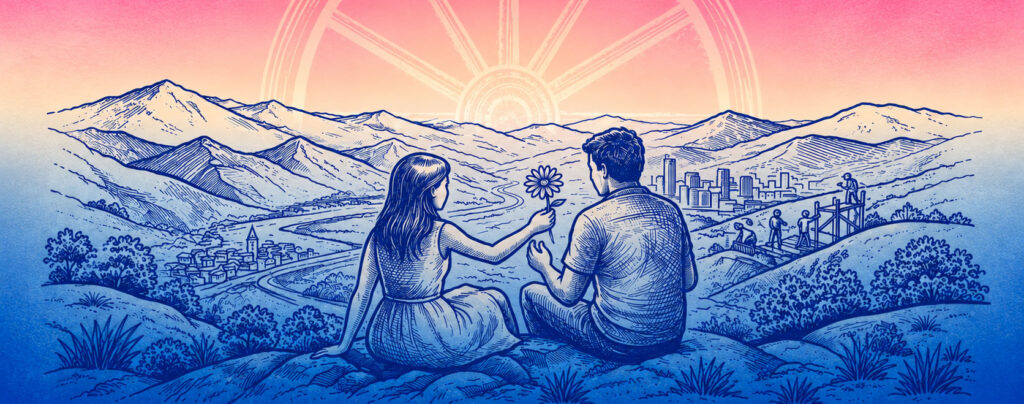 Ilustración de dos personas contemplando el horizonte.