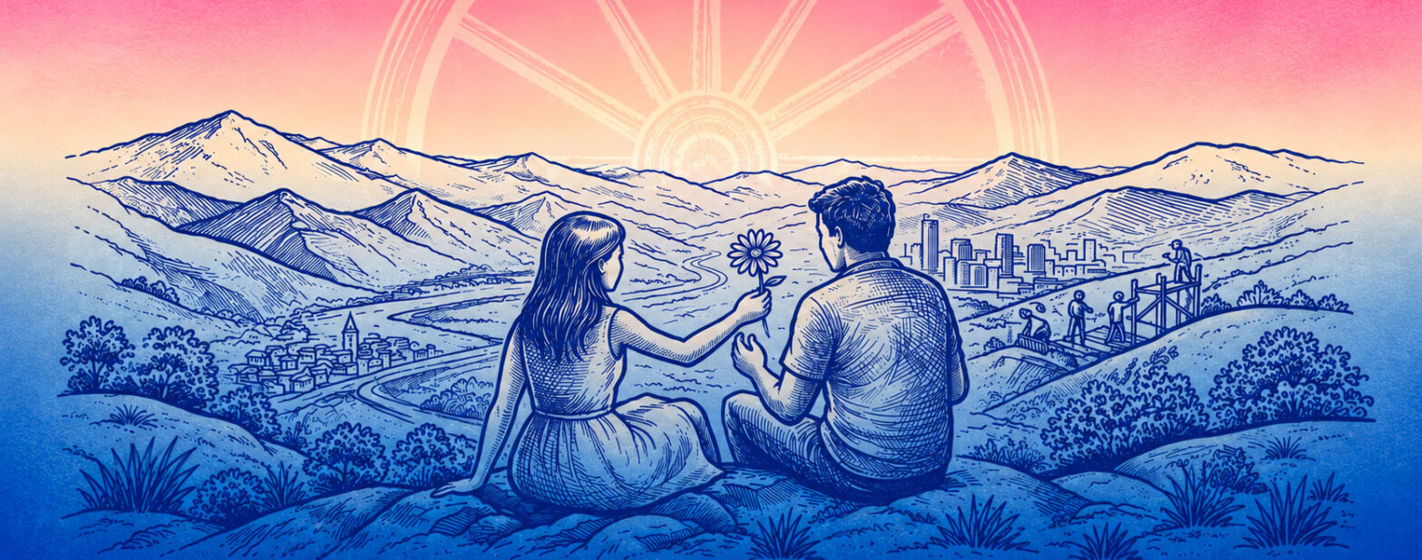 Ilustración de dos personas contemplando el horizonte.