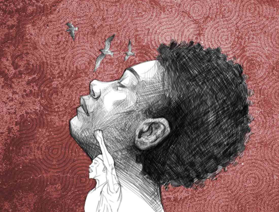 Ilustración en dos planos de una persona afrocolimbiana en primer plano levantando el brazo y en segundo con la cabeza en alto.